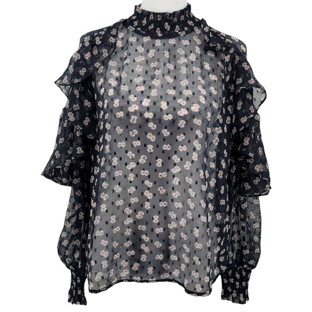 Anthropologie Black Sheer Floral Ruffle Blouse